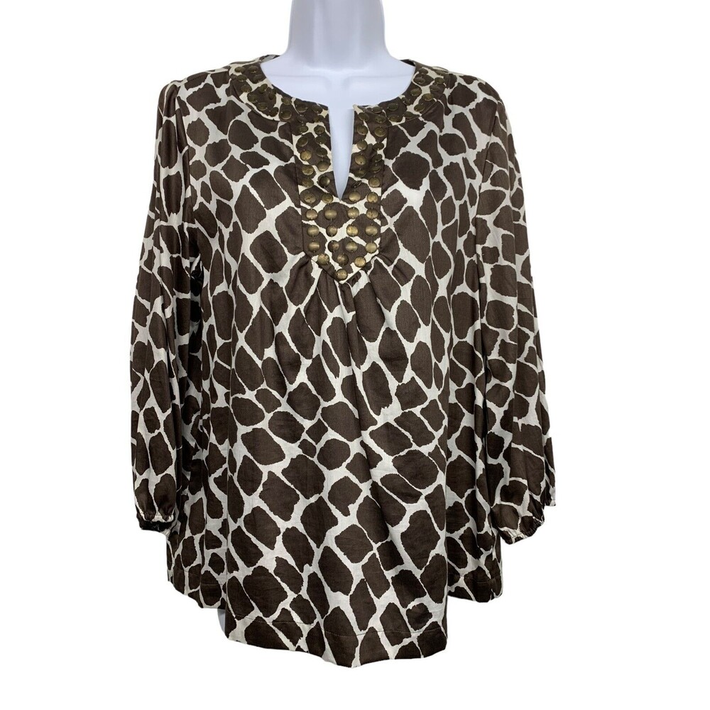 Josephine Womens size 6 Brown Giraffe Print Cotton Top 3/4 Sleeve Studded Collar